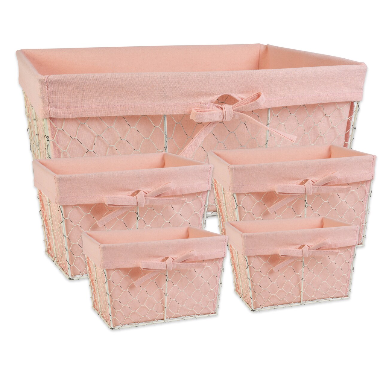 Contemporary Home Living Set of 5 Blush Pink and White Vintage Chicken Wire Baskets with Basket Liners, 18"